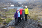 Left to right: Artist Anna McKee; Margie Turrin, education coordinator for Columbia University’s Lamont-Doherty Earth Observatory; and UB students Meg Corcoran, Kayla Hollister and Allison Cluett. The group is pictured in Greenland, where UB is leading a research project to learn about historical climate trends in the region. Credit: Elizabeth Thomas