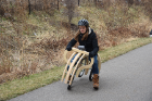 Samantha Goembel looks a little uneasy as she rides "Secretariat," which was developed as part of Brian Carter's studio.