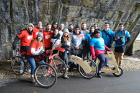 From left, teams Zamboni, Strings Attached and Bikea pose after the laufmaschine relay race the class held in the Cleveland Flats area. 