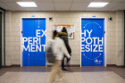 Elevator wraps in the Natural Sciences Complex, designed by the College of Arts and Sciences, riff on elevator wraps in Capen Hall.